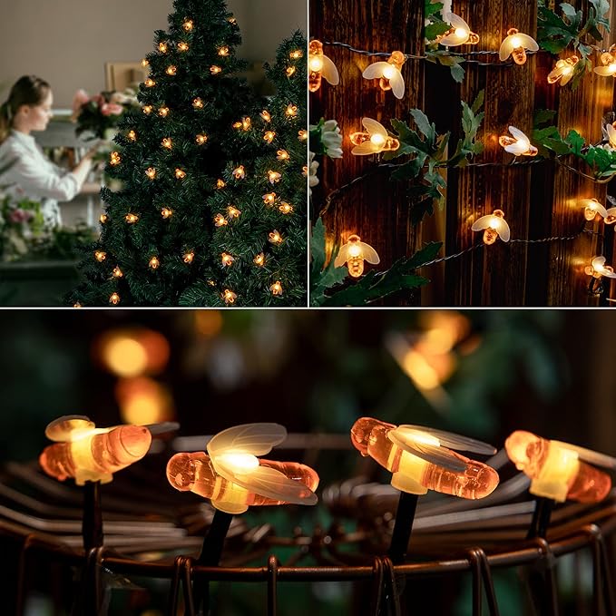 Solar String Lights Outdoor, 2Pack 30LED Honey Bees Fairy Lights, 8 Modes Cute Bee Lights Waterproof for Garden Fence Patio Yard Tree Xmas Decorations,Warm White