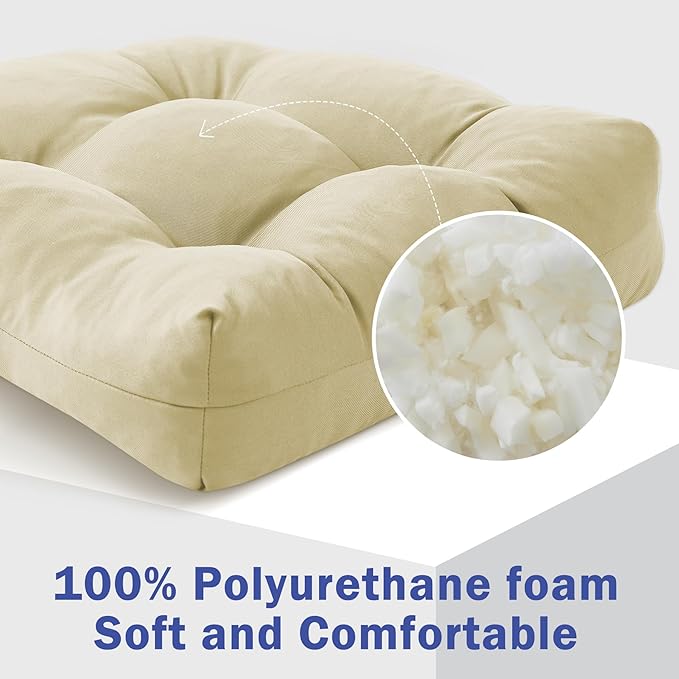 Outdoor Chair Cushions Set of 4, Patio Chair Cushions with Ties, 19x19+5” Tufted Outdoor Seat Cushions, Waterproof Patio Furniture Cushions, Outdoor Dining Chair Pads, Beige