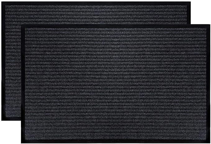 LuxUrux Durable Rubber Door Mat, Heavy Duty Doormat, Indoor Outdoor, Easy Clean, Waterproof, Low-Profile Mats for Entry, Patio, Garage, High Traffic Entrance Ways (17''x 30'' 2 Pack, Striped Black)