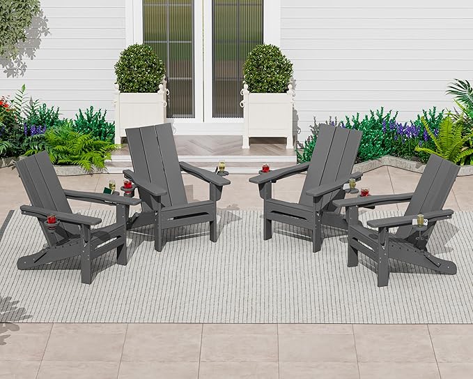 SERWALL Modern Folding Adirondack Chair Set 4, Outdoor, Relaxing, Grey, Polyethylene, Wood Finish, Arm Rest, Cup Holders