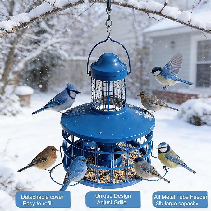 Squirrel Proof Caged Mealworm Bluebird Feeder with Detachable Grille, Easy Refill and Clean, Attract Wild Blue Bird Small Birds Outdoor Hanging, Metal Tube Feeders with Tray Life Time Support
