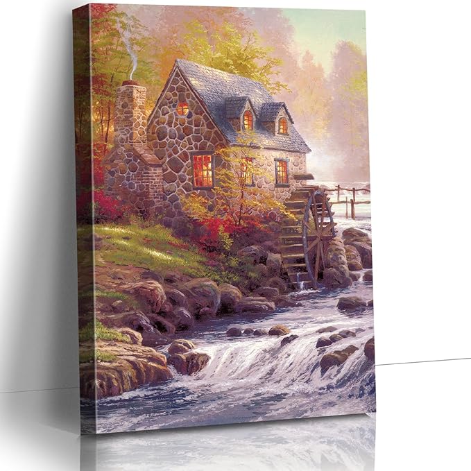 STUDIO HAVEN Thomas Kinkade Canvas Wall Art, Stone River Home Glowing Windows Water Wheel Autumn Foliage Oil Painting Poster Rustic Riverside Wall Decor, Framed Prints for Home Decor, 12x16Inch