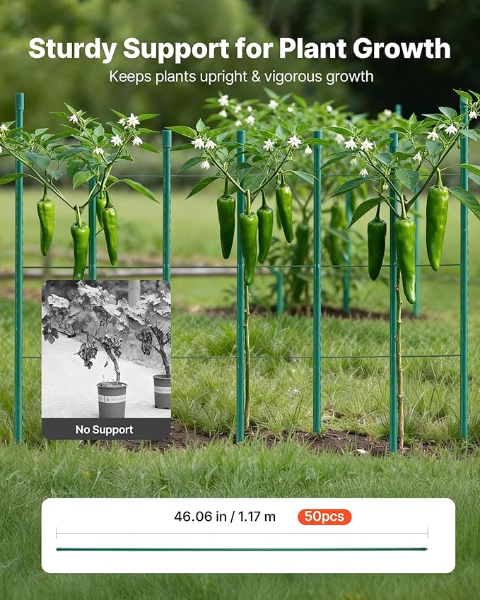 VEVOR Garden Stakes, 50 Pack, 46.06 inch, Plastic Coated Metal Tomato Stakes, Garden Sticks for Plants Support, with Pointed End and Non-Slip Bumps for Growing Climbing Plants, Outdoor Vegetables