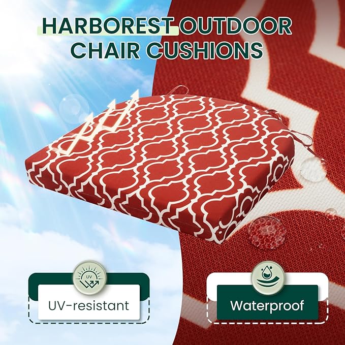HARBOREST Outdoor Chair Cushions Set of 2, Water Resistant Patio Chair Cushions with Ties, Outdoor Seat Cushions for Patio Furniture, 17"x16"x2", Wine Red Geometry