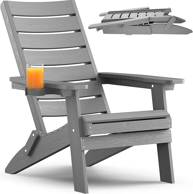 YEFU Classic Folding Adirondack Chair: Oversized Heavy Duty Adirondack Chairs with Comfort Arc Backrest & Cup Holder - All Weather HIPS Plastic Fire Pit Chair for Outdoor Patio Lawn Garden Grey