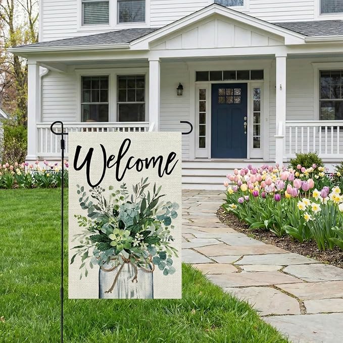 CROWNED BEAUTY Spring Eucalyptus Mason Jar Garden Flag 12x18 Inch Double Sided for Outside Welcome Burlap Small Yard Flag Green