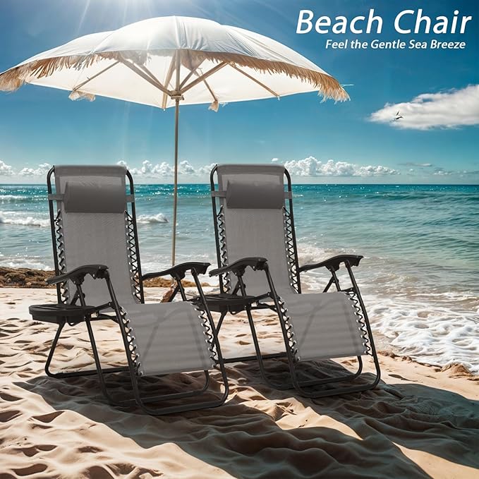 Zero Gravity Chairs, Portable Folding Reclining Lounge Chairs with Adjustable Pillow and Cup Holder Trays for Outdoor, Patio, Beach, Camping, Garden, Poolside, Gray