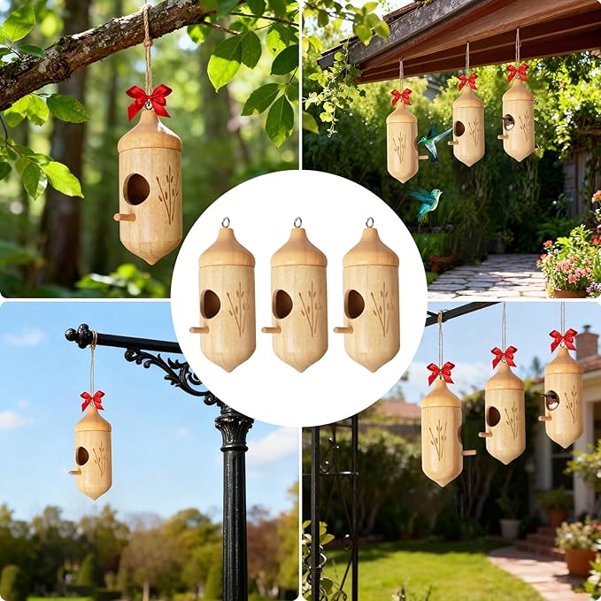 Hummingbird House, Wooden Hummingbird Houses for Outside Hanging, Humming Bird Nest Swinging, Wooden Bird Houses with Cotton, Bow, String, Gardening Gifts Decoration (3 Pack)