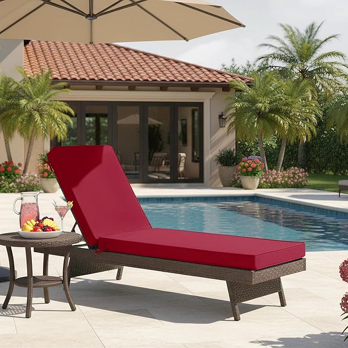 Chaise Lounge Cushions Outdoor - Waterproof and Fade Resistant Sun Lounger Replacement Cushions - Patio Lounger Pads with Removable Cover for Pool, Deck, Lawn, 72 x 21 x 3 Inch, Red