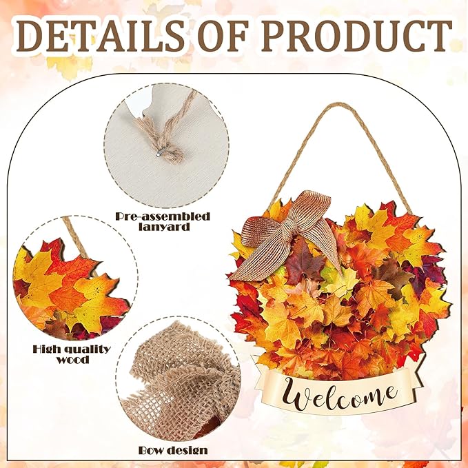 Boao Thanksgiving Welcome Door Sign Maple Leaves Hanging Decor Fall Wooden Sign Autumn Decorations Pumpkin Maple Leaves Wood Hanger for Outdoor Farmhouse Front Porch
