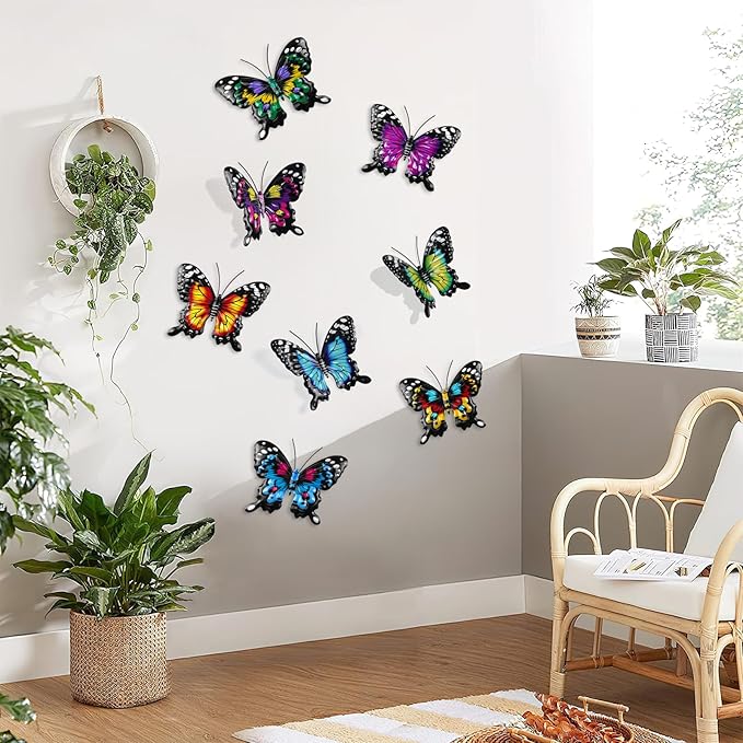 8 Pack Metal Butterfly Wall Decor, 6.7" 3D Outdoor Fence Wall Art Decor, Butterflies Wall Sculpture Hanging Decorations for Garden Yard Living Room Bedroom Patio Balcony, Gifts for Mom Friends