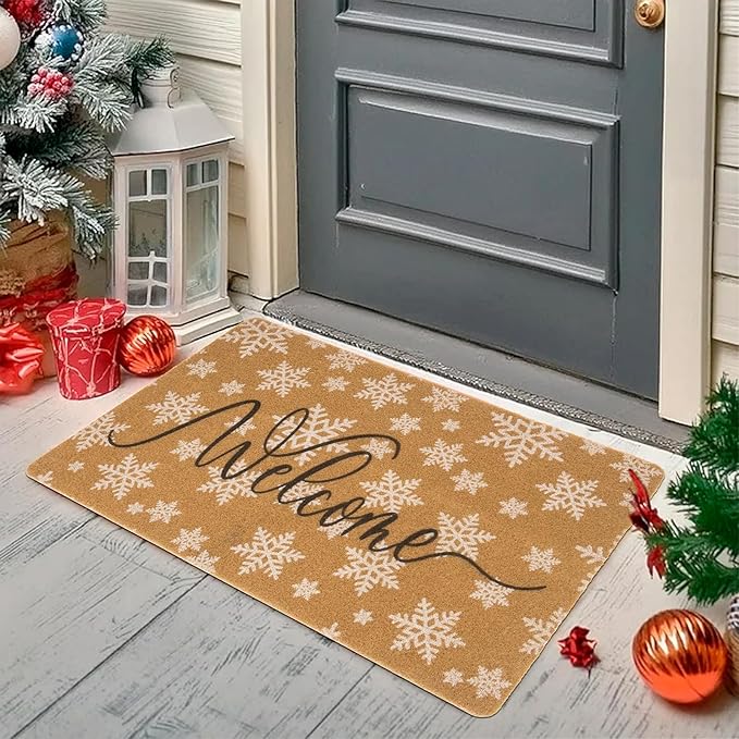 Winter-Welcome-Doormat Outdoor-Entrance Cute Snowflake Door Mat Non Slip Christmas Holiday Coir Doormat 17 X 29 Inch