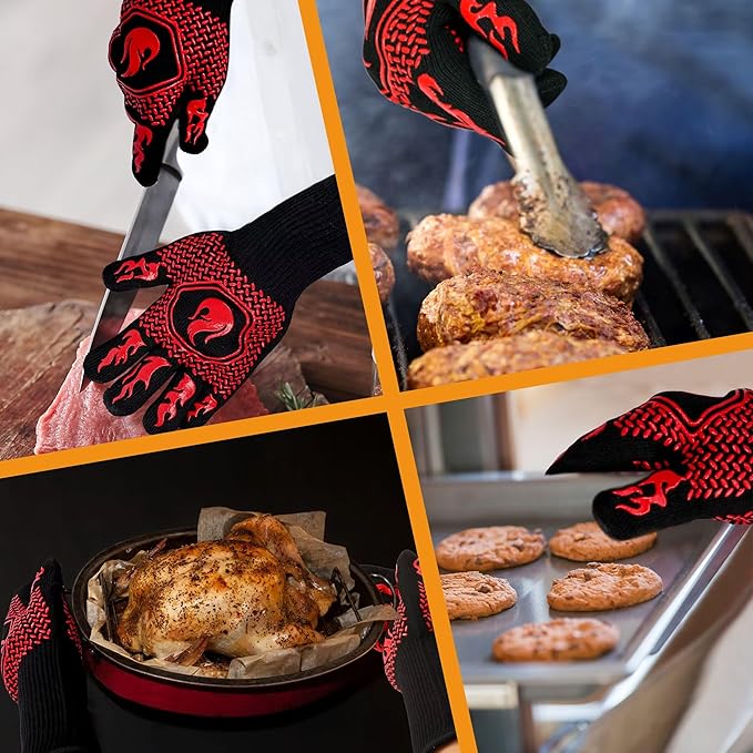 BBQ Fireproof Gloves, Grill Cut-Resistant 1472°F Heat Resistant Gloves, Non-Slip Silicone Oven Gloves, Kitchen Safe Cooking Gloves for Oven Mitts,Barbecue,Cooking, Frying,13.8 Inch-Red