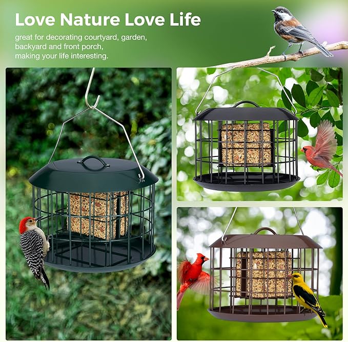 Kingsyard Squirrel Proof Suet Feeder, Cage Bird Feeders for Outdoors Hanging, All Metal, Double Suet Cake Capacity, Tray & Weatherproof, Brown