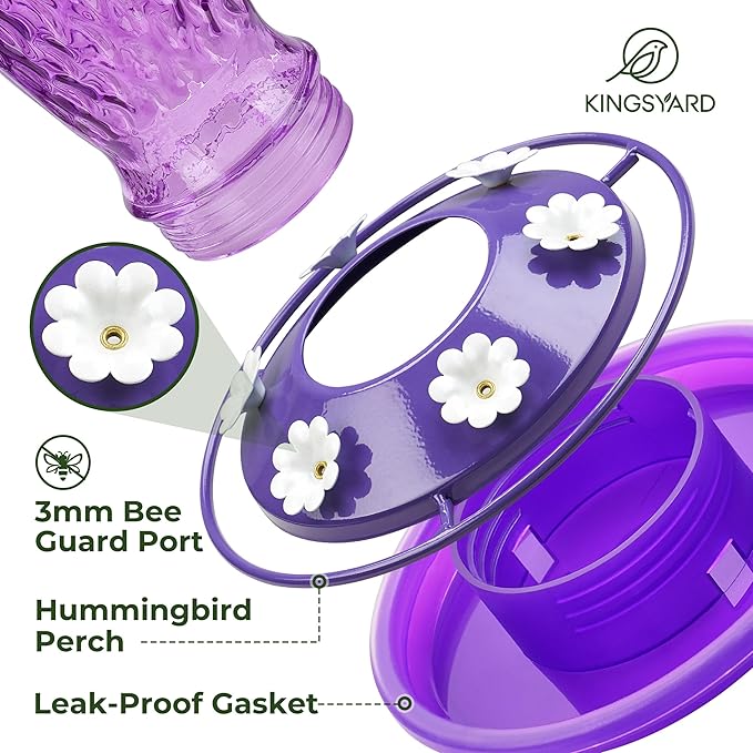 Kingsyard 2 Pack Glass Hummingbird Feeders for Outdoors Hanging, Wild Bird Nectar Feeder with 6 Feeding Ports, 24 oz Leak-Proof, Purple (Ant Moat Included)