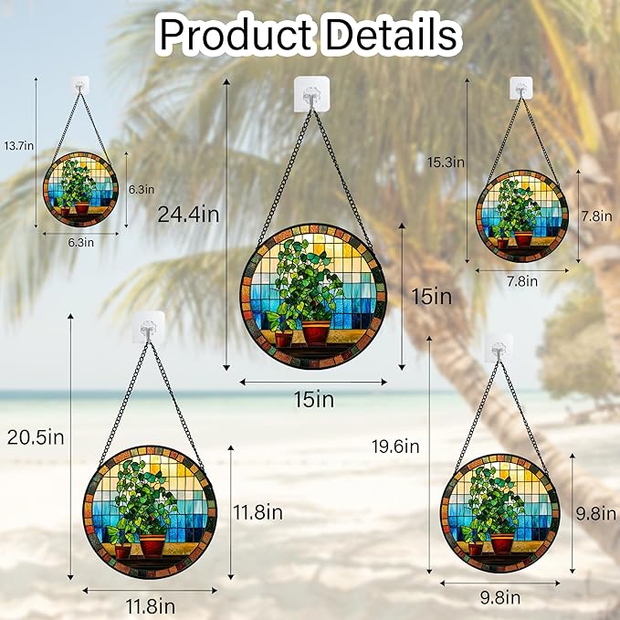 Stained Glass Window Hanging Green Potted Plants 7.8" - Suncatcher Door Garden Sun Catcher Retro Home Decor Birthday Christmas for Mom Men Woman Nana Friend