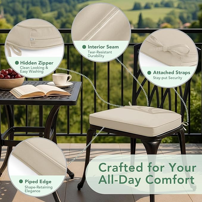Outdoor Chair Cushions Set of 2: Waterproof & Fade Resistant Patio Furniture Cushions - 19 x 19 x 2 Inch Non Slip Round Corner Seat Cushion Pads with Removable Cover for Garden Yard Lawn, Cream