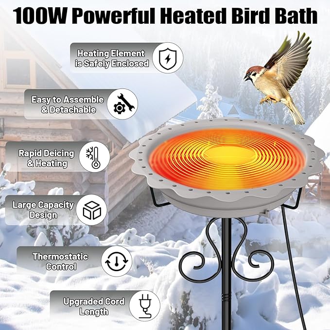 Heated Bird Baths for Outdoors, 100W Heated Birdbath Bowl for Outdoors for Winter with 5-Prong Metal Base Thermostat Control, Heated Bird Bath for Outside Winter Garden Patio Yard Lawn (Gray)