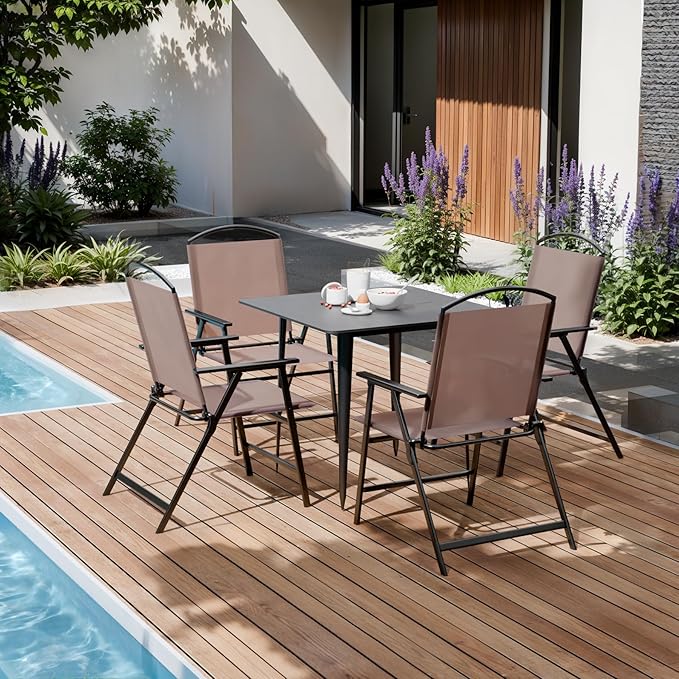 Outdoor Folding Patio Dining Chairs Set of 4 With Armrest Heavy-Duty Lightweight Protable Foldable Patio Sling Chair for Garden Lawn Poolside Backyard Deck Bistro Balcony Sillas Furnitures(4, brown)