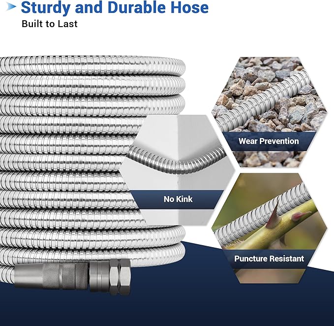 50 FT Stainless Steel Garden Hose – 304 Steel Heavy Duty Metal Hose, No-Kink, Puncture Resistant, Lightweight, Leak-Proof Swivel Fittings, 8-Pattern Nozzle for Garden, Yard, Outdoor Cleaning