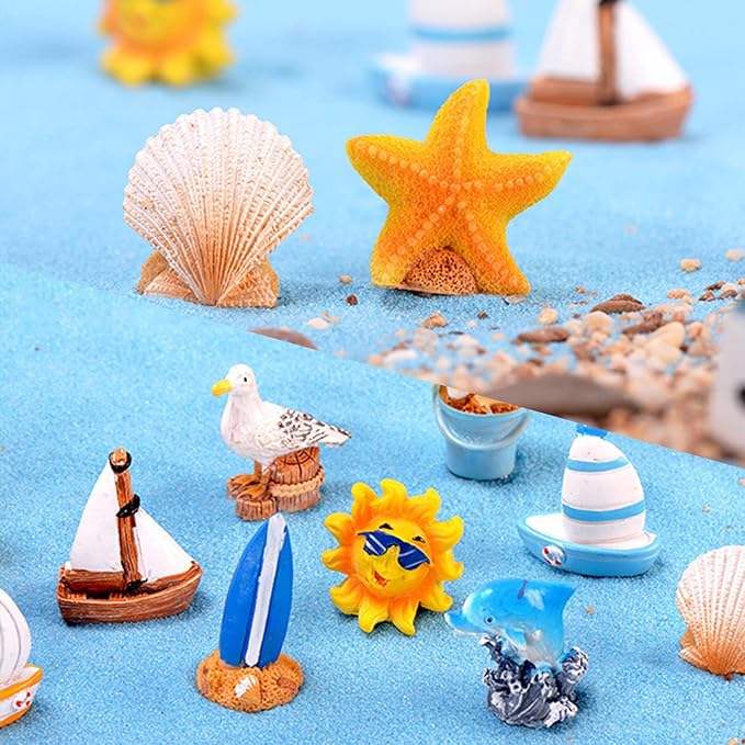 10 PCS Miniature Beach Figurines - Mini Shell Dolphin Starfish Sailboat Decorations, Ocean Diorama Supplies, Cake Topper