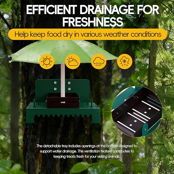 Metal Squirrel Feeder Picnic Table with Umbrella - Heavy Duty Iron Outdoor Chipmunk Feeder, Rust Resistant Corn Cob Holder, Funny Backyard Wildlife Gift for Nature Lovers. (Green)