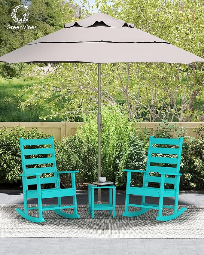 GREENVINES Outdoor-Rocking-Chairs-Set-of-4 | HDPE Plastic | Patio Rockers | Porch Rocker Chair | Shaker | Oversized | High Ladder Back | Big & Tall | PentaLuxe | Aqua