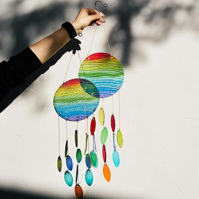 YU FENG Rainbow Stripe Double Disc Glass Wind Chime - Colorful Hanging Decor for Patio, Window & Garden