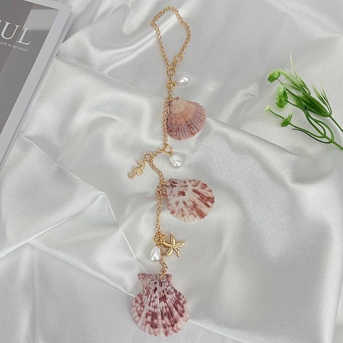 Sea Shells Car Decor,Cute Coastal Hanging Car Charm for Rear View Mirror, Boho Beach Themed Pendant,Hand-Made Starfish Conchas Ornament Accessories for Women