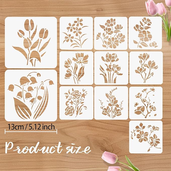 12 Pcs Large Flower Stencils for Painting, 5.12 X 5.12 Inch Flower Stencils for Crafts Reusable, Wood and Wall Stencils for Painting Large Pattern, DIY Templates Holiday Wall Paper (I)