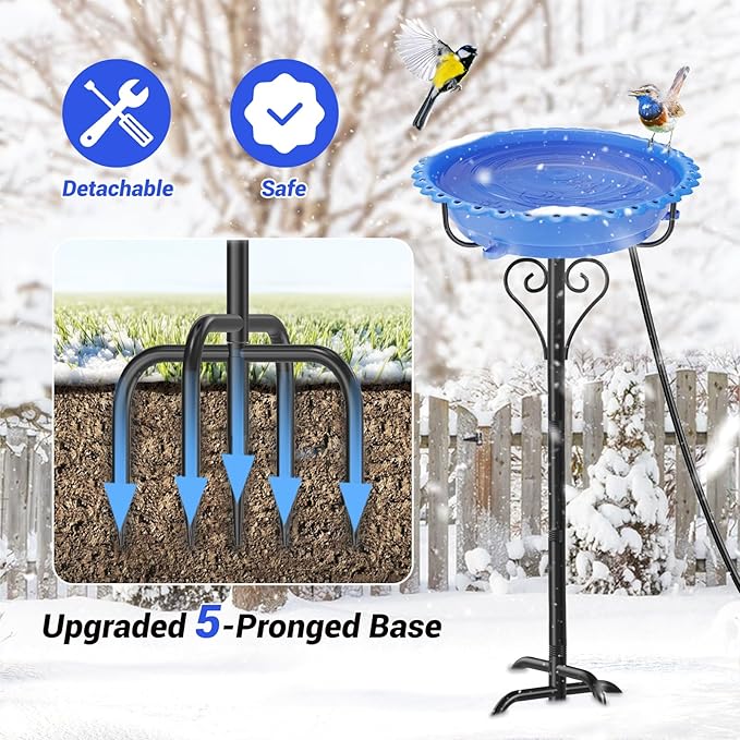 Heated Bird Bath for Outside Winter, Powerful 100W Thermostat Control Water Heated BirdBaths Bowl for Outdoors with 5-Prong Metal Base Heated Bird Bath for Garden Patio Yard Lawn (Blue)