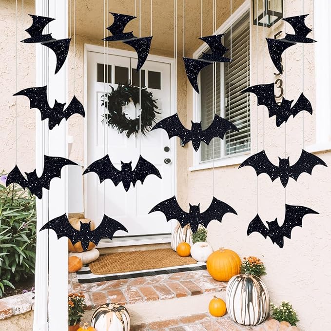 Halloween Decorations Outdoor: 10Pcs Hanging Bats Stickers Wall Decals Window Sticker, Large 3D Bats with glitter Removable Halloween Yard Front Door Porch Decoration Party Gothic Decor Indoor