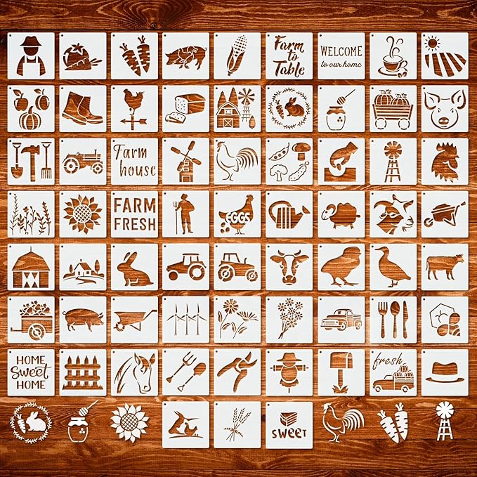 Marspark 66 Pcs Spring Easter Small Stencils for Crafts Reusable 3 Inch Stencils for Painting on Wood DIY Craft Paint Template for Wall Home Decor Card Rock Canvas Drawing Holiday (Farm)