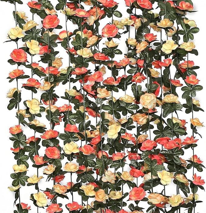 3 Pcs 8FT Flower Garland Artificial Flowers for Outdoors Fake Rose Vine Ivy Silk Flowers for Decoration/Anniversary/Wedding Birthday/Christmas/Home Decor/Garden Decor (Sunset Red)