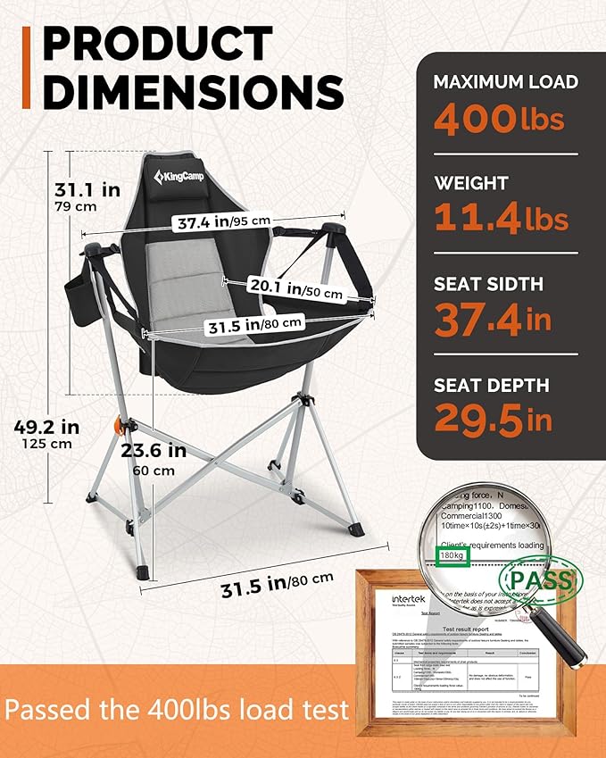 KingCamp Hammock Chair with Footrest, Swinging Portable Folding Camping Chairs for Adults MAX 400lbs Heavy Duty Foldable Oversized Rocker with Cup Holder Pillow for Outdoor Beach Patio Sport Lawn