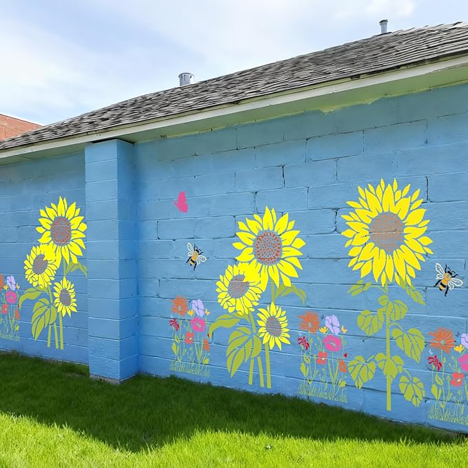 Large flower Stencils for Painting on Wood,Jumbo Sunflower Floral Butterfly Reusable Plastic Floral Templates for Outdoor Garden Walls, Fence, DIY Crafts, Canvas, Furniture Home Decor (8Pcs Sunflower)