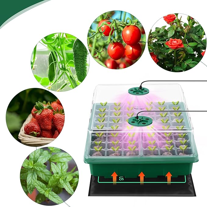 Seed Starter Kit with Grow Light Seedling Heat Mat 48 Cells Seed Starter Tray with Humidity Dome and Base Germination Trays Plastic Growing Trays Plant Propagation Kit for Seed Starting, Green
