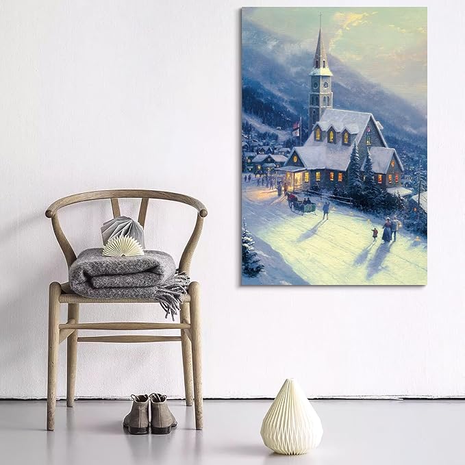 STUDIO HAVEN Thomas Kinkade Canvas Wall Art, Snow-Covered Church Winter Mountain Scene Warm Glowing Windows Oil Painting Poster Festive Wall Decor, Framed Prints for Home Decor, 20x28Inch