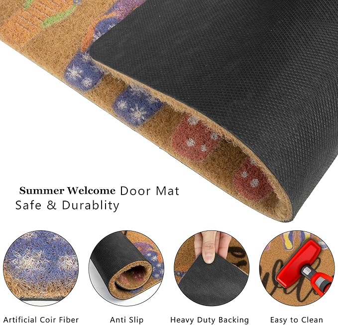 Summer-Door-Mat Outdoor-Entrance Cute Slippers Welcome-Doormat Non Slip Coir Front Door Mat for Summer Home Decor 17 x 29 Inch