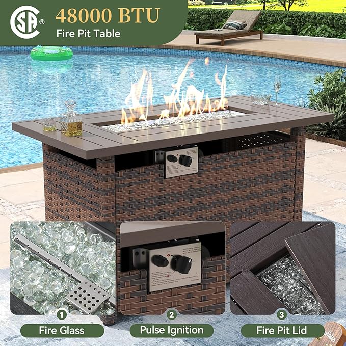 Aoxun 7 Piece Patio Furniture Set with Wide Armrests & 44” Fire Pit Table Wicker Rattan Outdoor Sectional Sofa Set with Coffee Table and Thickened Cushions, Brown/Gray(Waterproof Cover Included)