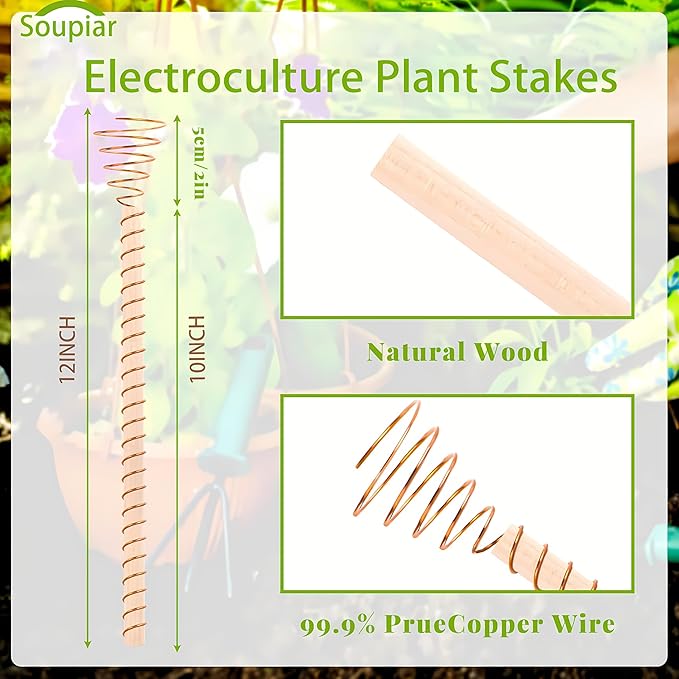 Soupiar 12inch Electroculture Plant Stakes,10Pcs Long Copper Garden Stakes, Electroculture Copper Coil Antennas for Gardening High-Yield, Eco-Friendly