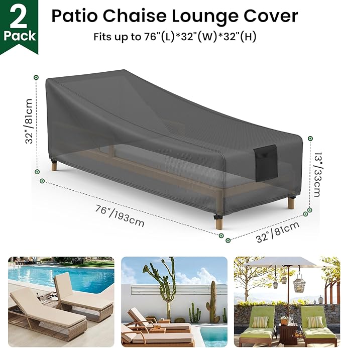 Mrrihand Chaise Lounge Cover, Patio Furniture Covers, Patio Lounge Chair Cover Waterproof and UV Resistant, Heavy Duty Outdoor Furniture Covers with Air Vent 2 Pack - 76L x 32W x 32H inch