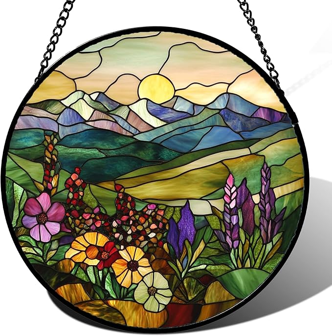 Stained Glass Window Hanging Purple Wildflowers Pastoral Scenery Large 11.8" - Suncatcher Door Garden Sun Catcher Home Decor Birthday Christmas for Mom Men Woman Friend