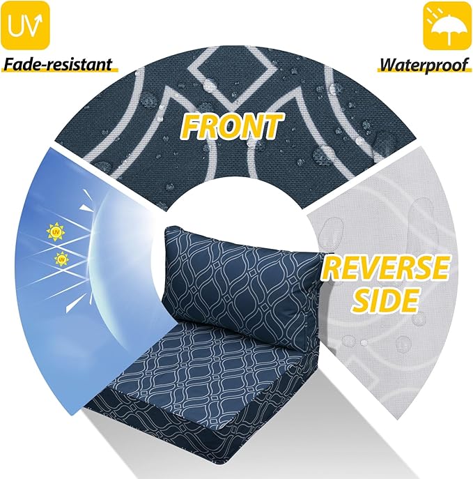 AAAAAcessories Outdoor Seat Cushions for Chairs, Fade-Resistant, Waterproof Patio Furniture Replacement Cushions, 25.5" x 25.5" x 5" + 25.5" x 13.5", Set of 4, Slate Blue Vine Trellis