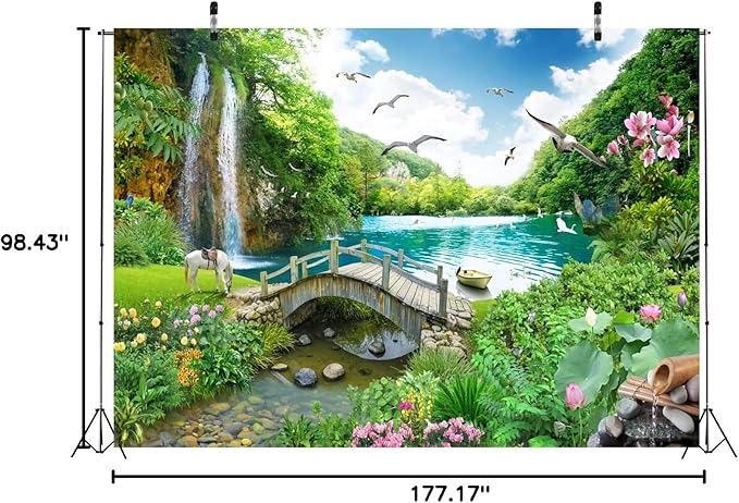 BELECO 15x8ft Fabric Picturesque Garden Backdrop Tropical Landscape Green Mountain Forest Trees Waterfall Lake Flowers Birds Horse River Bridge Fantasy Scenery Background Wall Mural Photo Studio Props