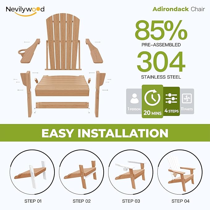 nevilywood Folding Adirondack Chair - Extended Ergonomic Backrest, Cup Holder - Easy Assembly - Durable HDPE Plastic, Weather Resistant & Maintenance-Free - Lawn, Patio, Deck Supports 380lbs Teak