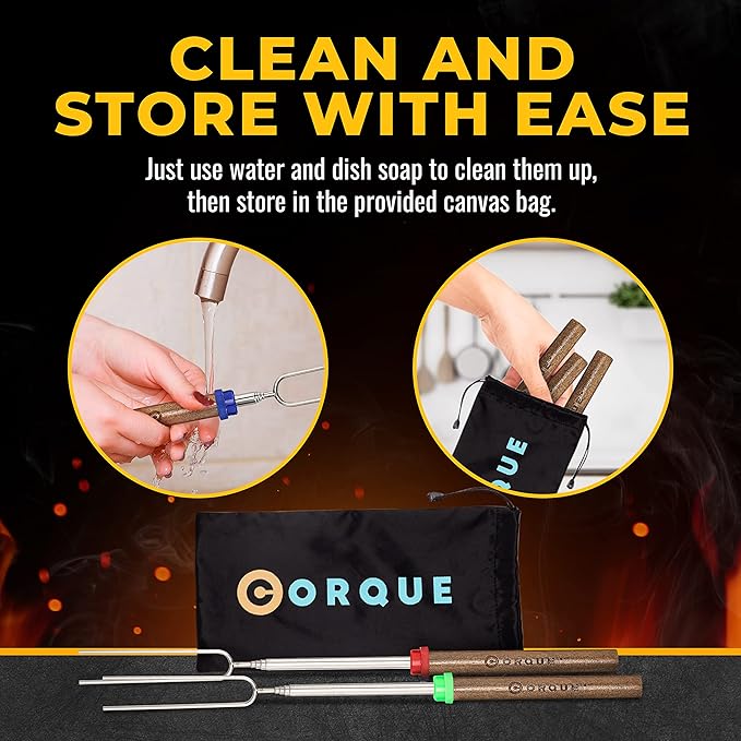 CORQUE Marshmallow Roasting Sticks, Smores Sticks, Extendable, Camping Skewer for Fire Pit, Wooden Handle, 32inch Metal for BBQ Hotdog, Cooking, Campfires, Bonfires, Set of 8