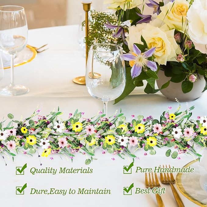 2Pcs 6.5 Ft Summer Flower Vine Garlands Artificial Wildflower Wisteria Lavender Daisy Spring Garland Not Withering Floral Wreath Garland All Year Round Home Decor for Indoor Outdoor Home Wedding Arch