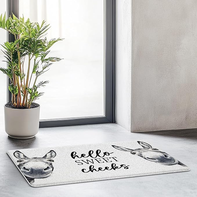 JINYO Hello Sweet Cheeks Door Mat, Funny Donkey Door Mat Indoor Outdoor Entrance Entryway Porch, Sweet Cheeks Bath Mats for Bathroom, Donkey Welcome Mats, 17x30 Inch