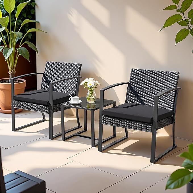 Greesum 3 Pieces Outdoor Furniture Set Patio Bistro Chairs with Glass Coffee Table for Pool Beach Backyard Balcony Porch Deck Garden, Black